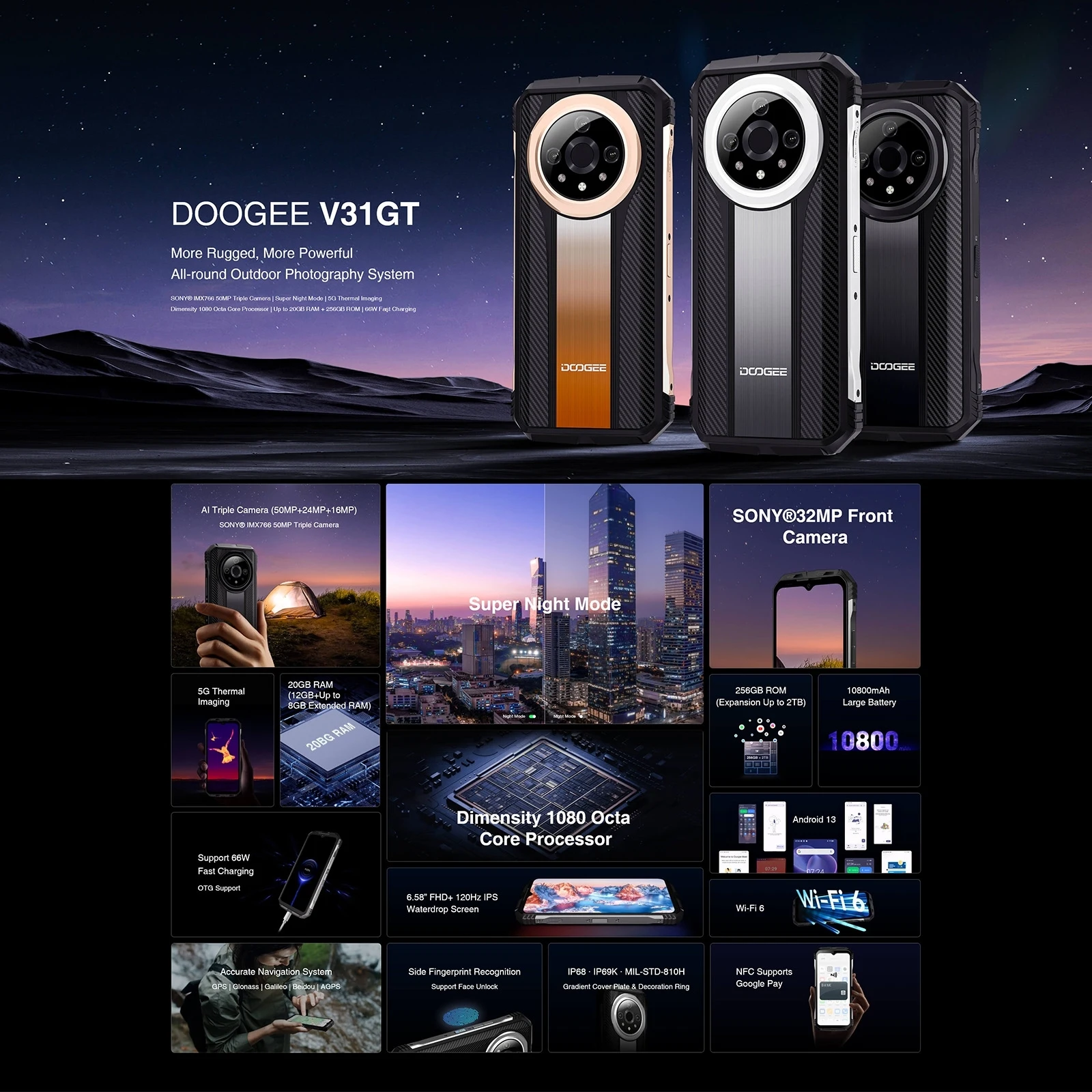 DOOGEE V31GT Rugged Smartphone 12GB+256GB 6.58” FHD 120Hz Thermal Imaging 10800mAh 50MP 66W Fast Charging 5G Cellphone NFC