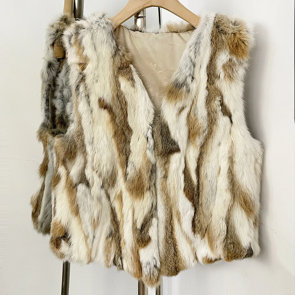 

Natural Fur Jacket Autumn Vest Clothes Outerwear Women's Real Rex Rabbit Fur Coat Winter V-Neck Natural Fur Waistcoat Female