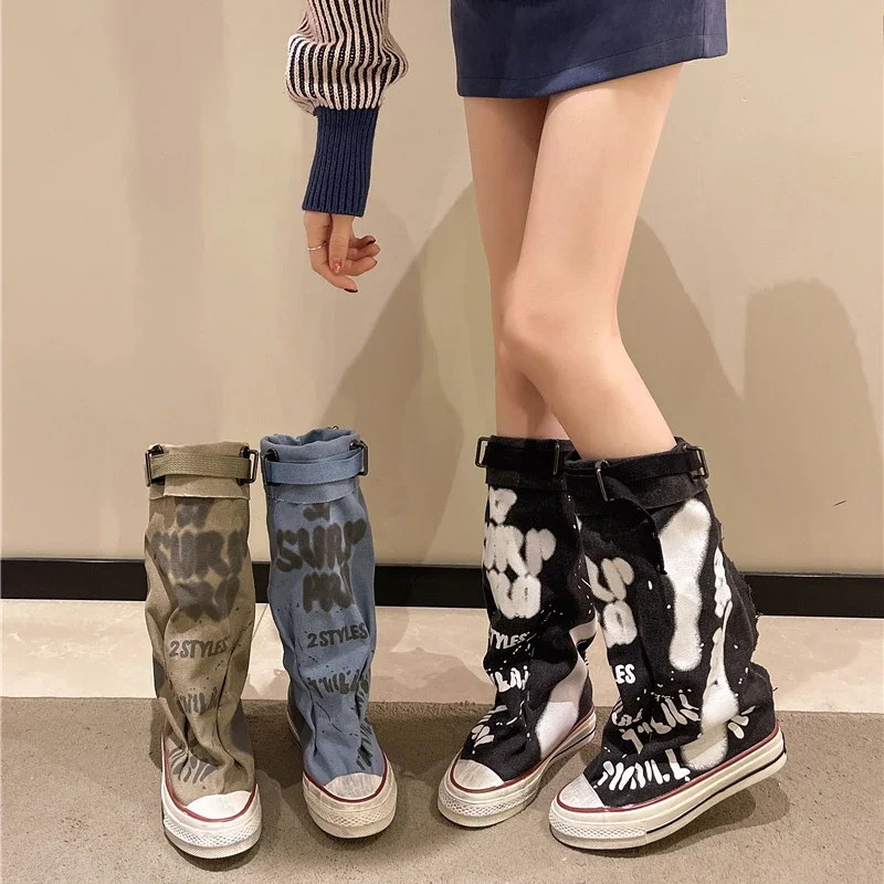 Women's Spring Graffiti High Canvas Boots Round Head Middle Follow Anti-slip Boots Women Leisure Fashion Rubber Sole Botas Mujer