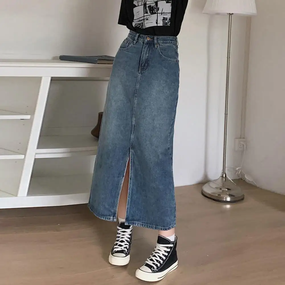 Summer New High-waist Slit Denim Skirt For Women Washed Retro A- line Skirt Hip-covering Straight Long Skirt