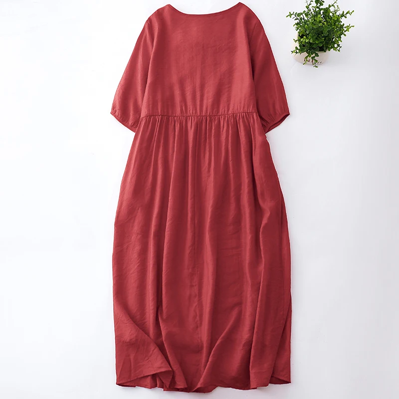 Retro Flax Dress Women's Spring Summer New Folded Casual Loose Slim Long Skirt Cotton Material A-Line Skirt Casual Style