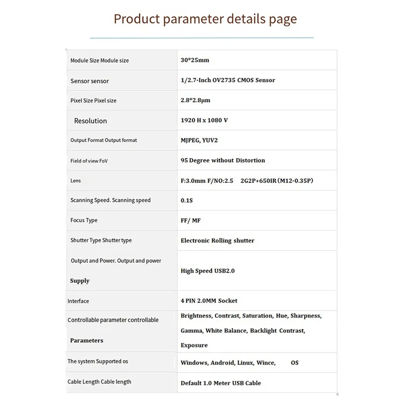Módulo de câmera USB 2MP HD 1080P OV2735 FF 95 °   MJPEG, YUY2 Driver Plug-N-Play grátis para Windows Android Linux Mac OSX