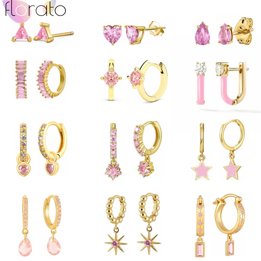 

925 Sterling Silver Needle Pink Crystal Heart/Star Hoop Earrings for Women Premium Luxury Exquisite Piercing Anniversary Jewelry
