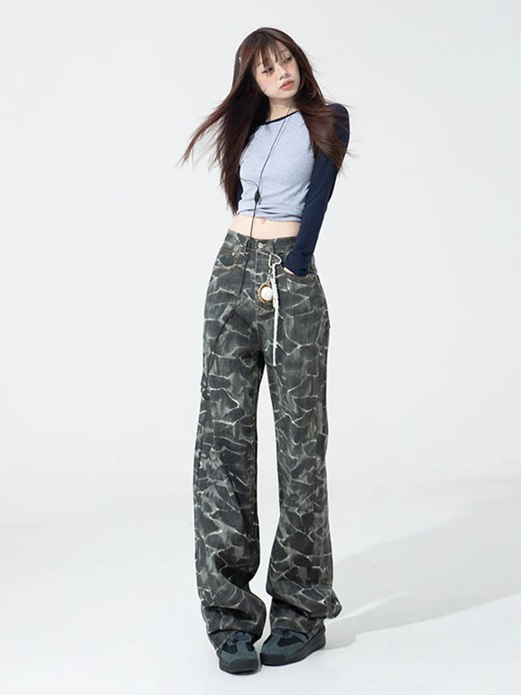 

WCFCX STUDIO High Street Jeans Casual Fashion Washed Wide Leg Jeans Y2k Harajuku Retro Loose Straight Denim Pants