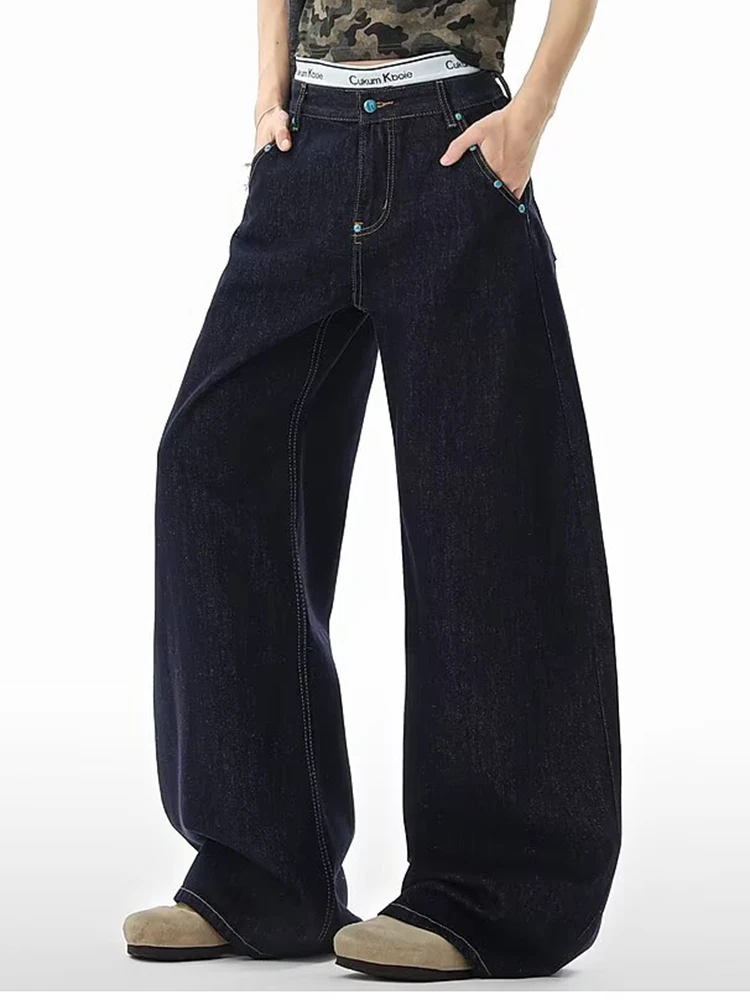 

Y2K темно-синие американские широкие джинсы женские новые весенне-летние узкие свободные маленькие удобные брюки с высокой талией