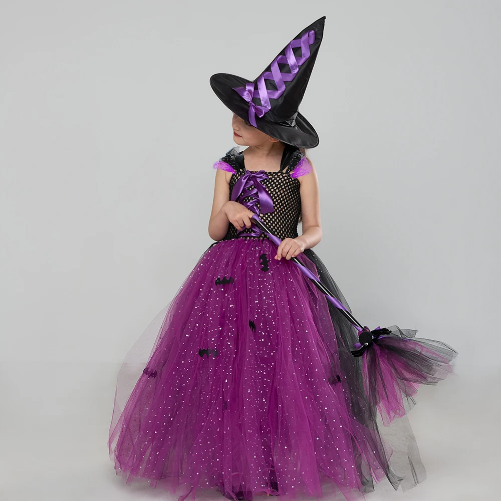 Magic Witch Halloween Costumes for Girls Bat Gown Tutu Dress with Broom Hat Kids Carnival Cosplay Party Fancy Dresses 2-10 Years