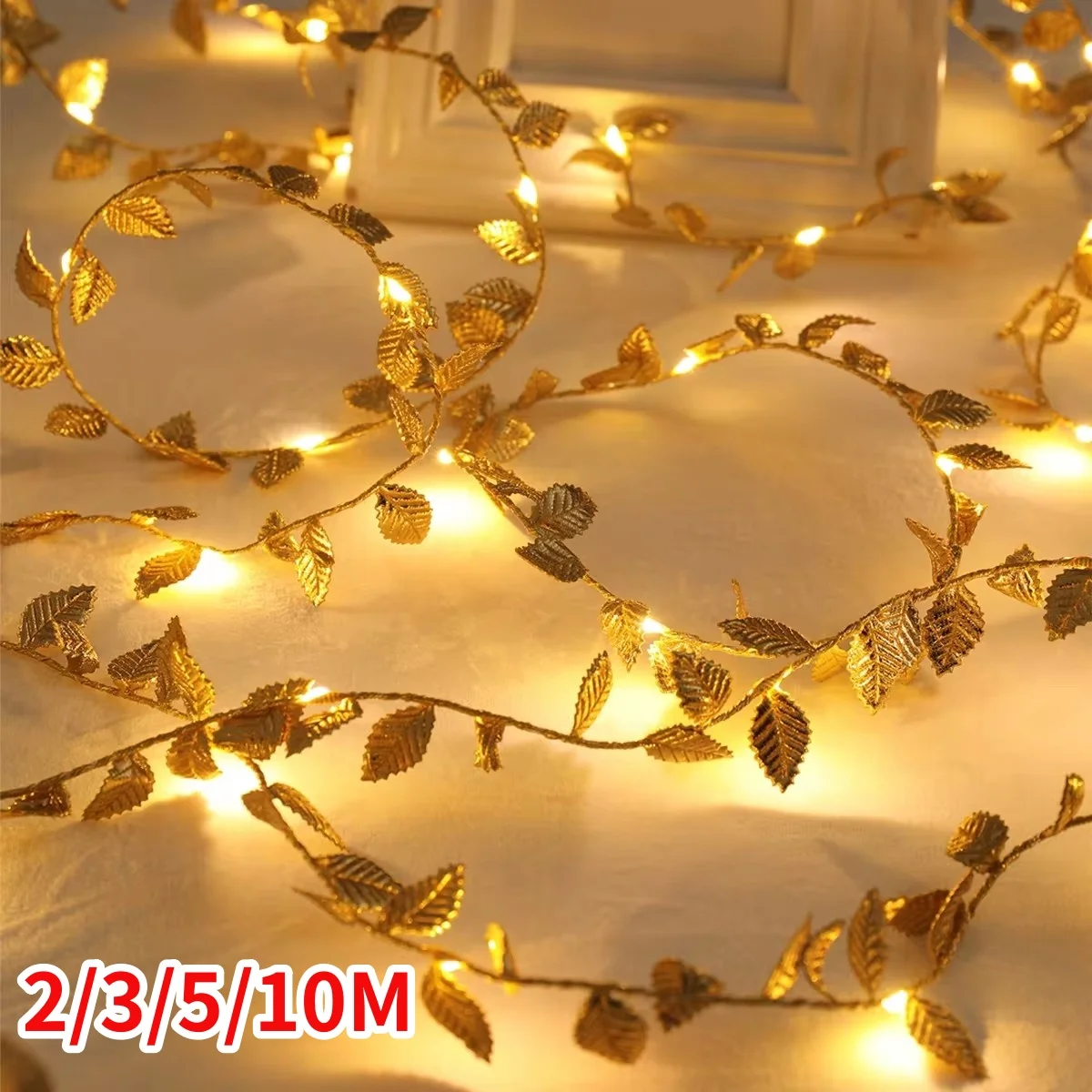 5M 50LED Golden Leaves String Fairy Lights For Wedding Birthday Party Decoration Home Garden Artificial Plant Garland Vine Light