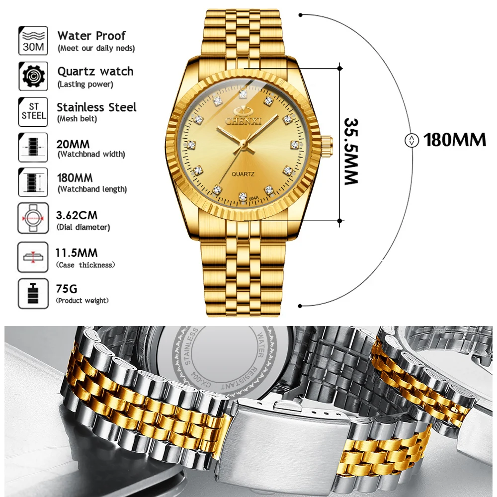 CHENXI Mens Quartz Golden Watch Rhinestone Stainless Steel Band Waterproof Fashion Business Wristwatches for Men Multiple Colors images - 6