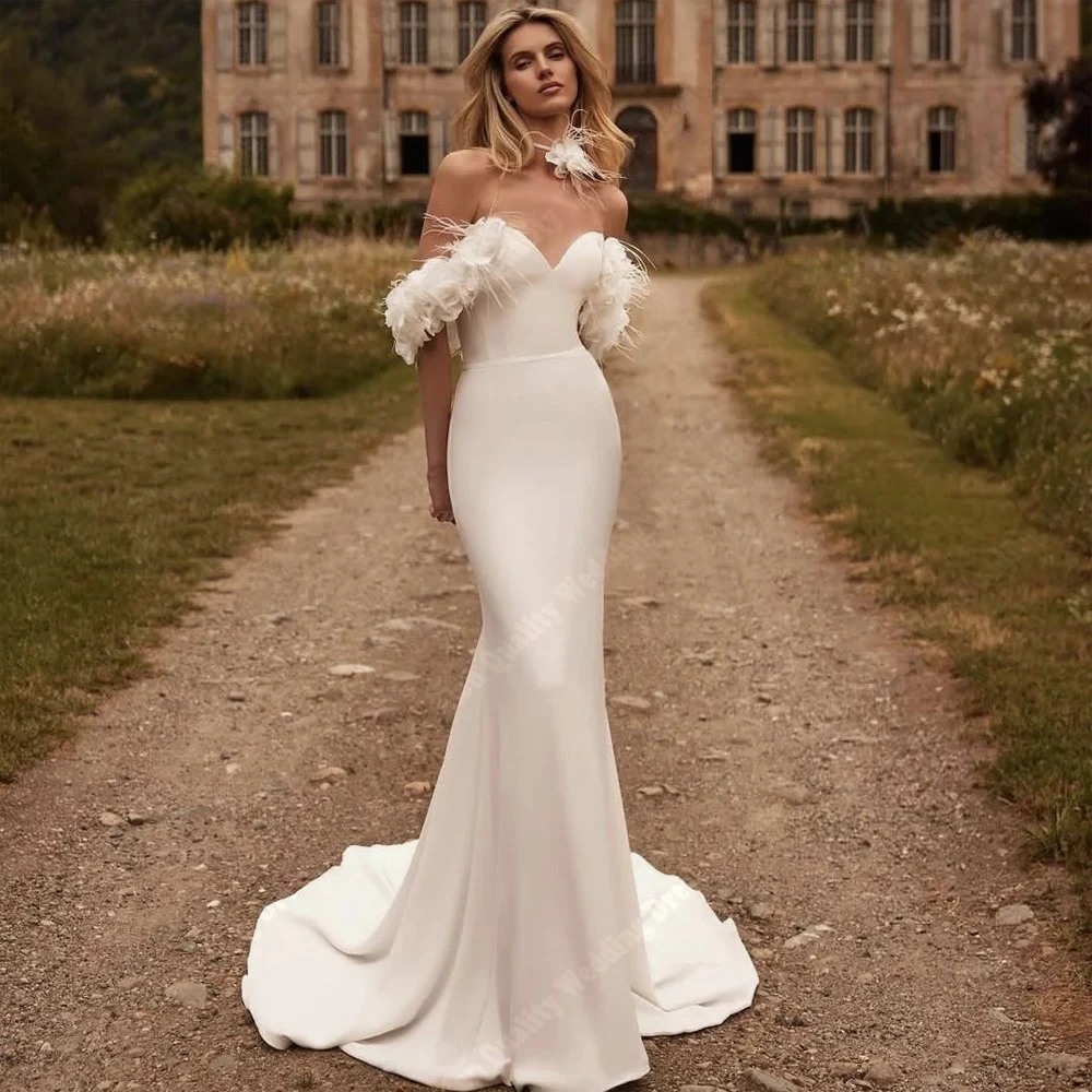 2024 Abiti da sposa eleganti da donna con fiori Abiti da sposa a sirena vintage Brillante superficie in raso Principessa Vestido De Novia personalizzato