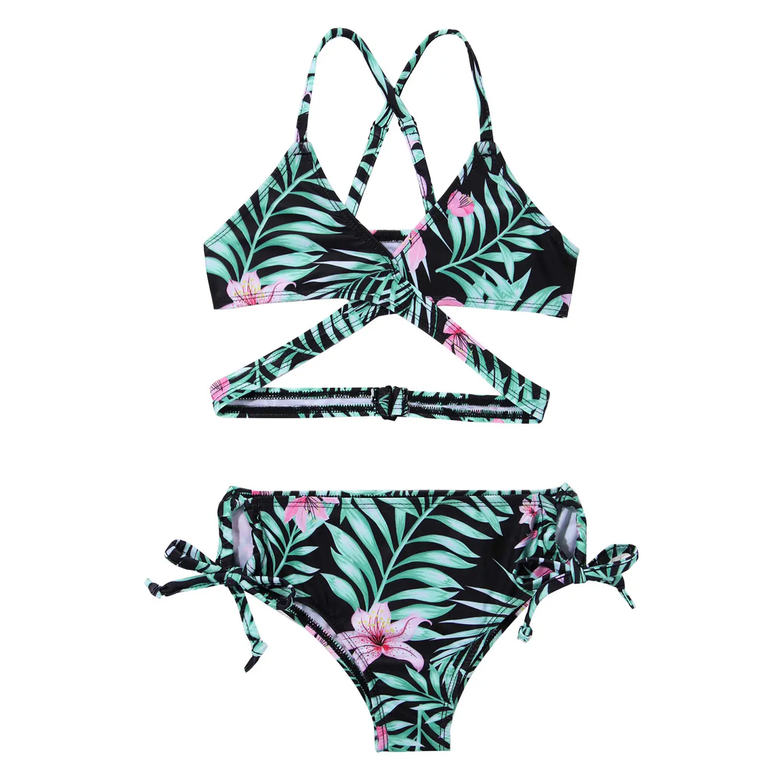 Kids Summer Bikini Swimwear Girls Print Tankini Swimsuit Adjustable Straps Bra with Low Waist Brief Beach Sunbath Bathing Suit