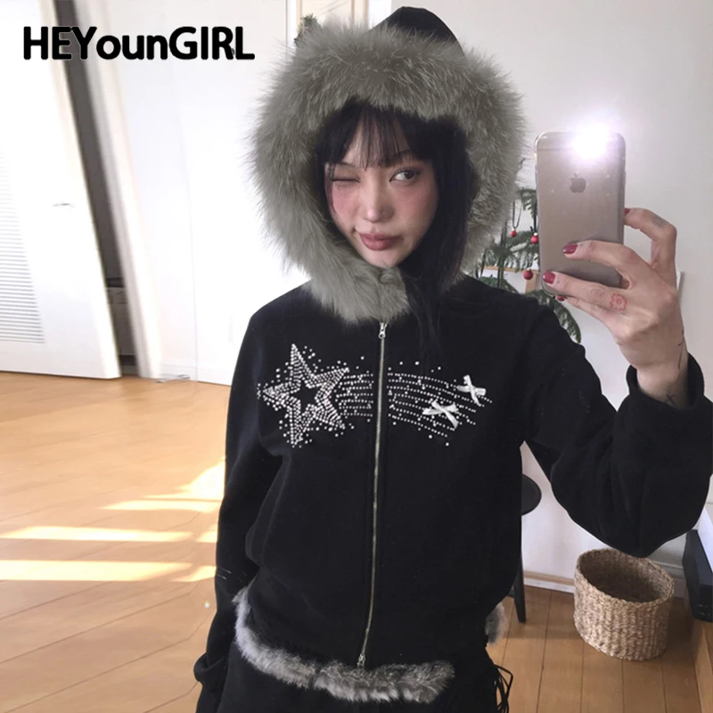 HEYounGIRL Y2K Furry Hoodies Women Fashion Star Rhinestone Bow Patchwork Zipper Jacket Harajuku Grunge Hooded Coat Korean Girl