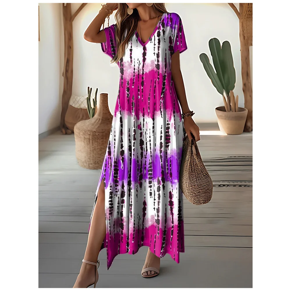 Tie-Dye Womens Dresses Gradient Leopard Print Woman A-Line Skirt V-Neck Women\'s Clothing Elegant Dresses New Slit Evening Dress