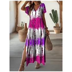 Tie-Dye Womens Dresses Gradient Leopard Print Woman A-Line Skirt V-Neck Women's Clothing Elegant Dresses New Slit Evening Dress