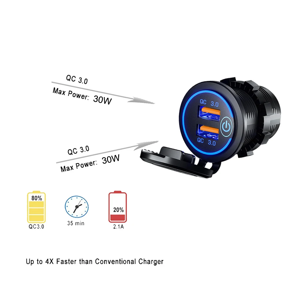 Prise de chargeur de voiture USB étanche, charge rapide, interrupteur tactile, lumière LED, 60W, 12V, 24V, 3.0 touristes