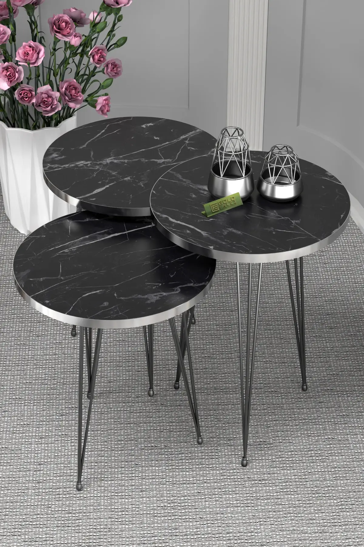 Modern Wooden Nesting Table Ellipse Silver Color Living Room Coffee Tea Serving Table Black Wire Leg Furniture Home Decor