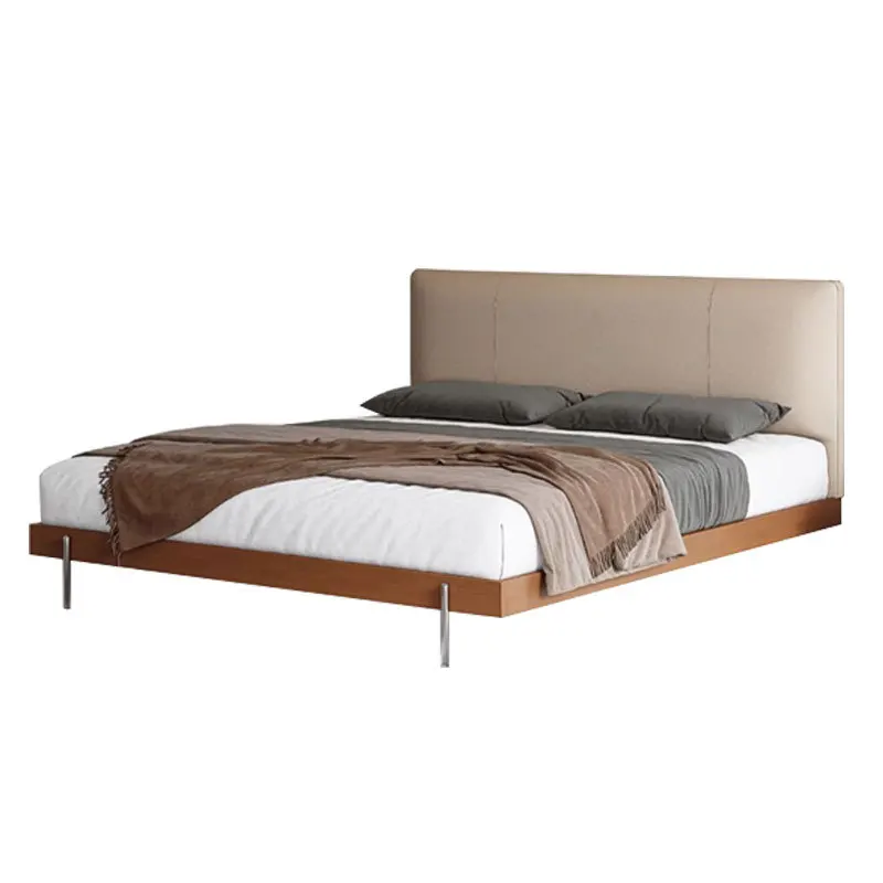 

Extremely thin bedside soft bag bed, solid wood suspended French retro leather bed