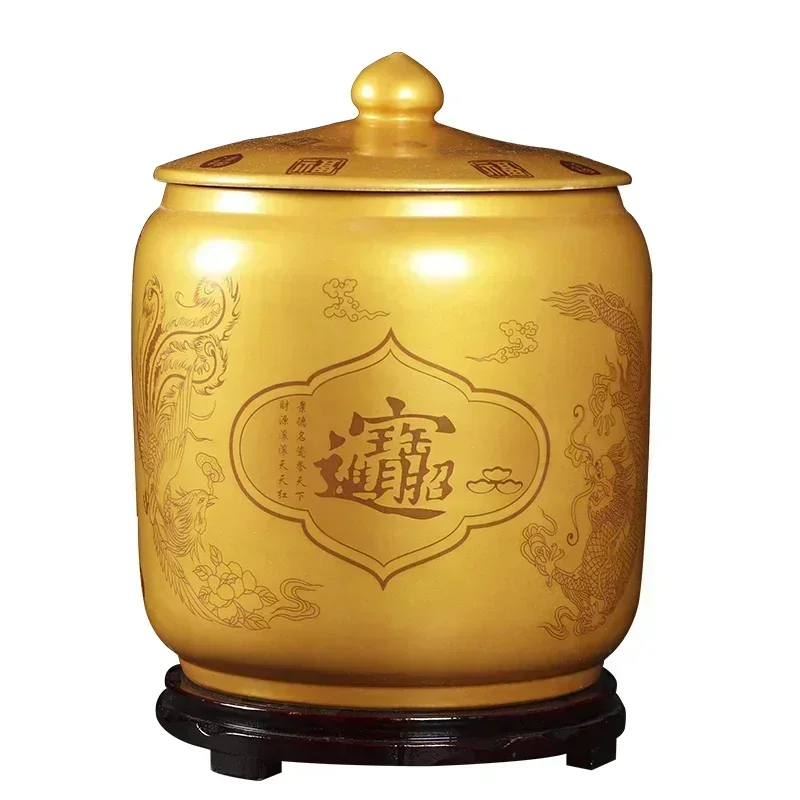 Golden Jingdezhen ceramic rice tank lucky treasure jar household with lid moisture-proof insect-proof living room decorative