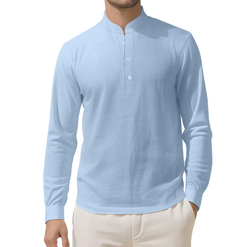 

Свободная льняная повседневная рубашка с длинным рукавом и круглым вырезом для мужчин, повседневная свободная льняная рубашка с длинным рукавом, однотонная льняная рубашка для мужчин