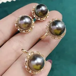 MeiBaPJ 11-12mm 925 Silver Natural Black Pearl Fashion Flower Jewelry Set Pendant Earrings Ring Fine Wedding Jewelry for Women