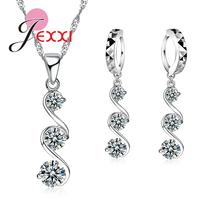 

3 Colors S 925 Sterling Silver Wedding Shinning Girls Crystals Jewelry Sets Fashion Pendant Necklace Earrings for Women