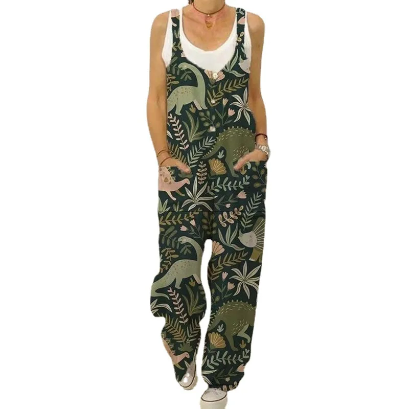 Women's Sleeveless Jumpsuit 2022 Summer Boho Floral Wide Leg Long Pants Rompers Ladies Strap Plus Size Casual Loose Bib Trousers