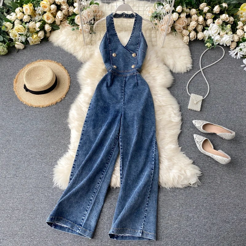 2022 Summer Women Denim Jumpsuits Thin Temperament Halter Neck Sleeveless Backless High Waist Slim Wide Leg Jumpsuit Trend