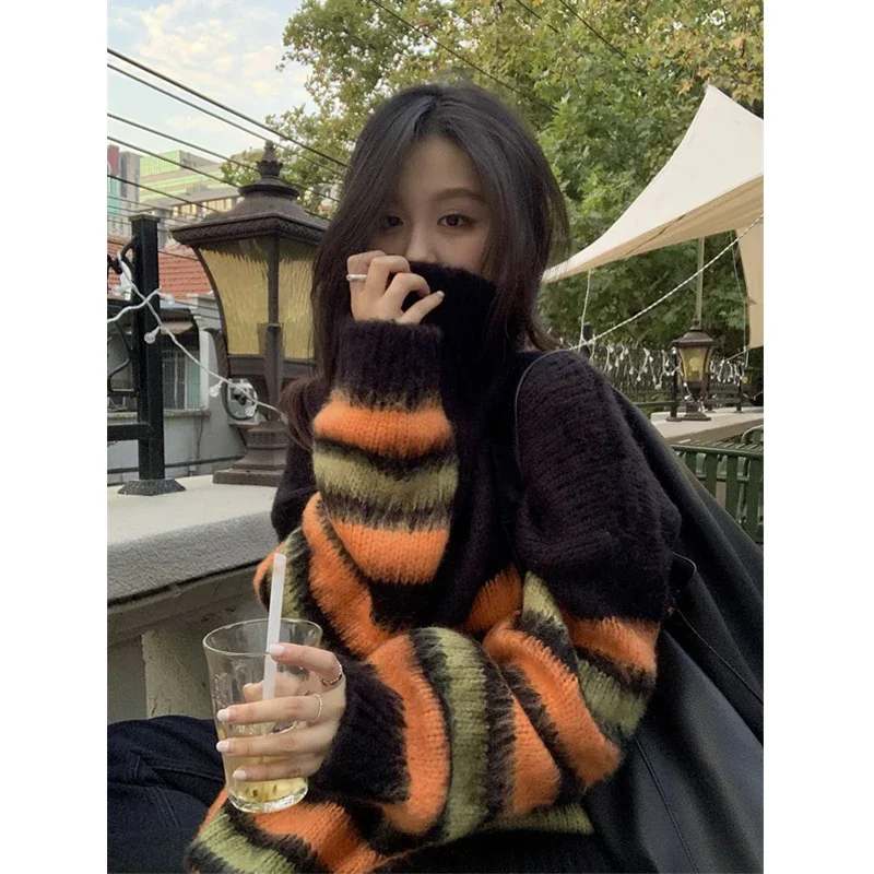 Women Black Gothic Mohair Pullover Knitted Sweater Harajuku Y2k Long Sleeves Sweater Jumper Vintage 2000s Aesthetic Clothes 2024