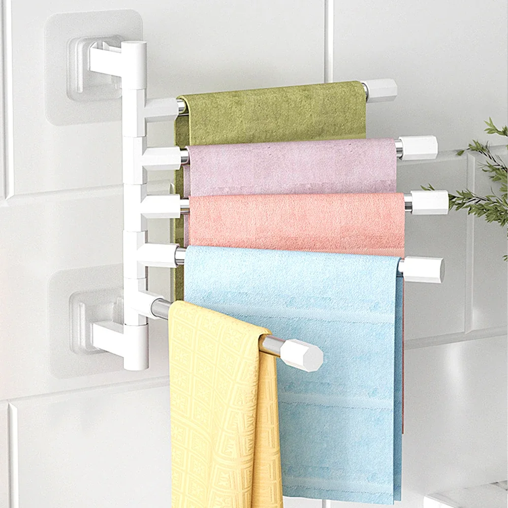 Punch-Free Bathroom Bath Towel Holder Multi-Bar Wall Mounted Rotating Towel Rack Cabinet Door Back Kitchen Toolhanger Shelf Rack