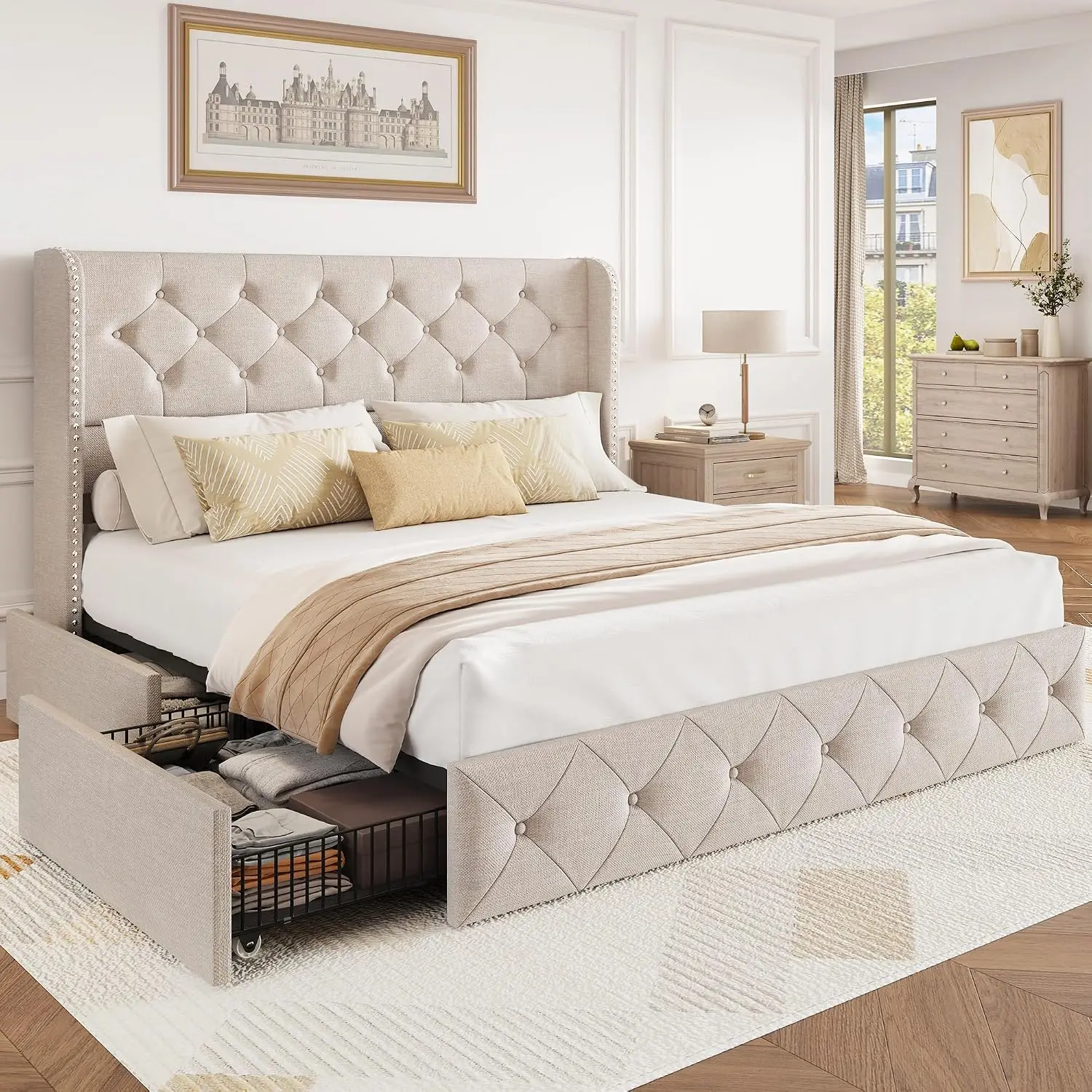 Queen Bed Frame with Storage Drawers & Wingback Headboard Linen Upholstered Platform Tufted Wood Slats Noise Free, Customized