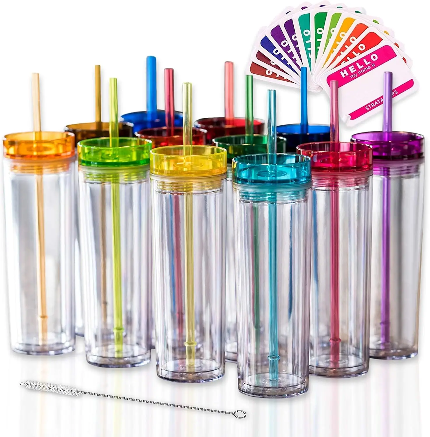 

12 Colored Reusable Tumblers with Lids and Straws, 16oz Double-Wall Clear Acrylic Cups