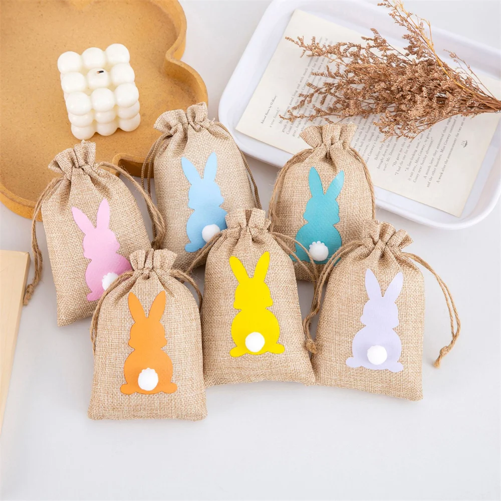 Easter Burlap Candy Bags Bunny Pattern Jute Linen Treat Gift Bags for Easter Kids Cookies Snack Pack Bags Party Decorations