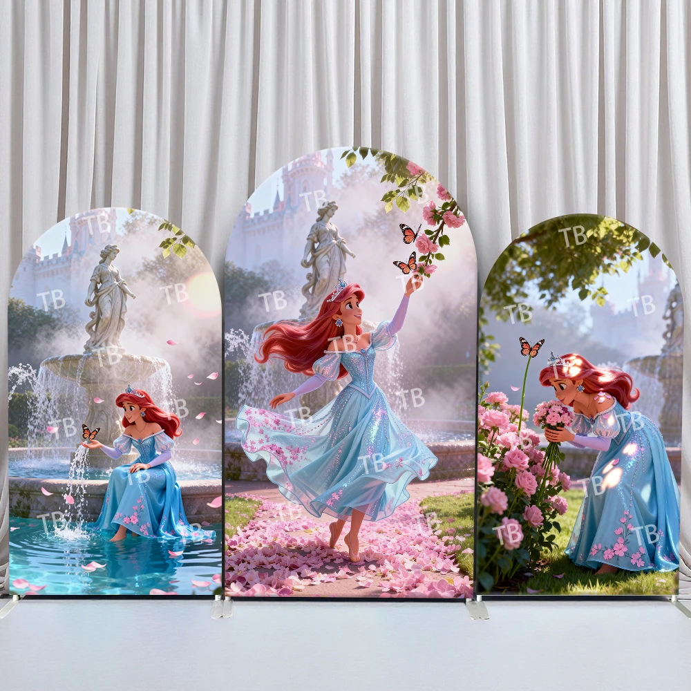 

Disney Ariel Arch Backdrop Cover Fountain Roses Butterflies Castle Scene for Birthday and Baby Shower Party Photo Booth Decor