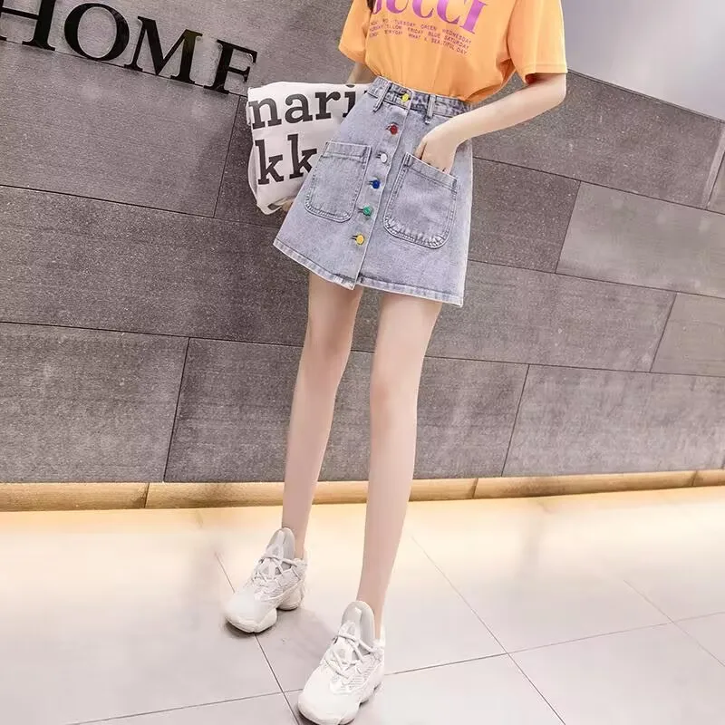 ارتفاع الخصر ألف خط الدنيم السراويل الربيع الصيف النساء حزمة الورك تنورة طالب الكورية نمط زر الموضة مطوي تنورة