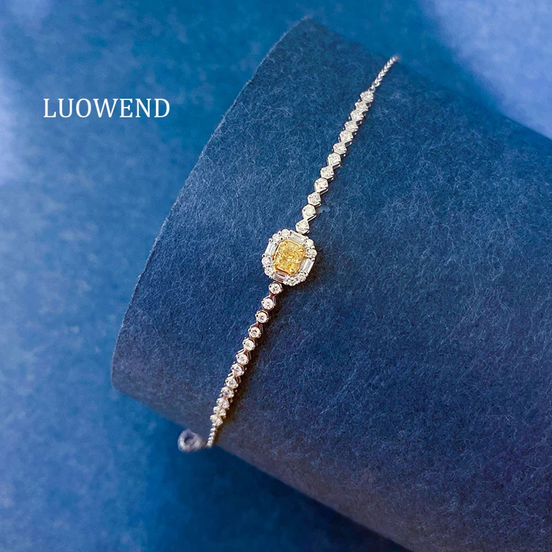 LUOWEND 100% 18K White Gold Bracelet Real Natural Yellow Diamond Bracelet for Women Fashion INS Style High Bithday Gift