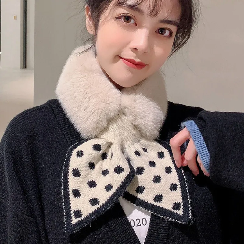 

Girly Polka Dot Stitching Plush Scarf Women's Autumn and Winter All-match Neck Protection Neck Warm Cross Cute Scarf