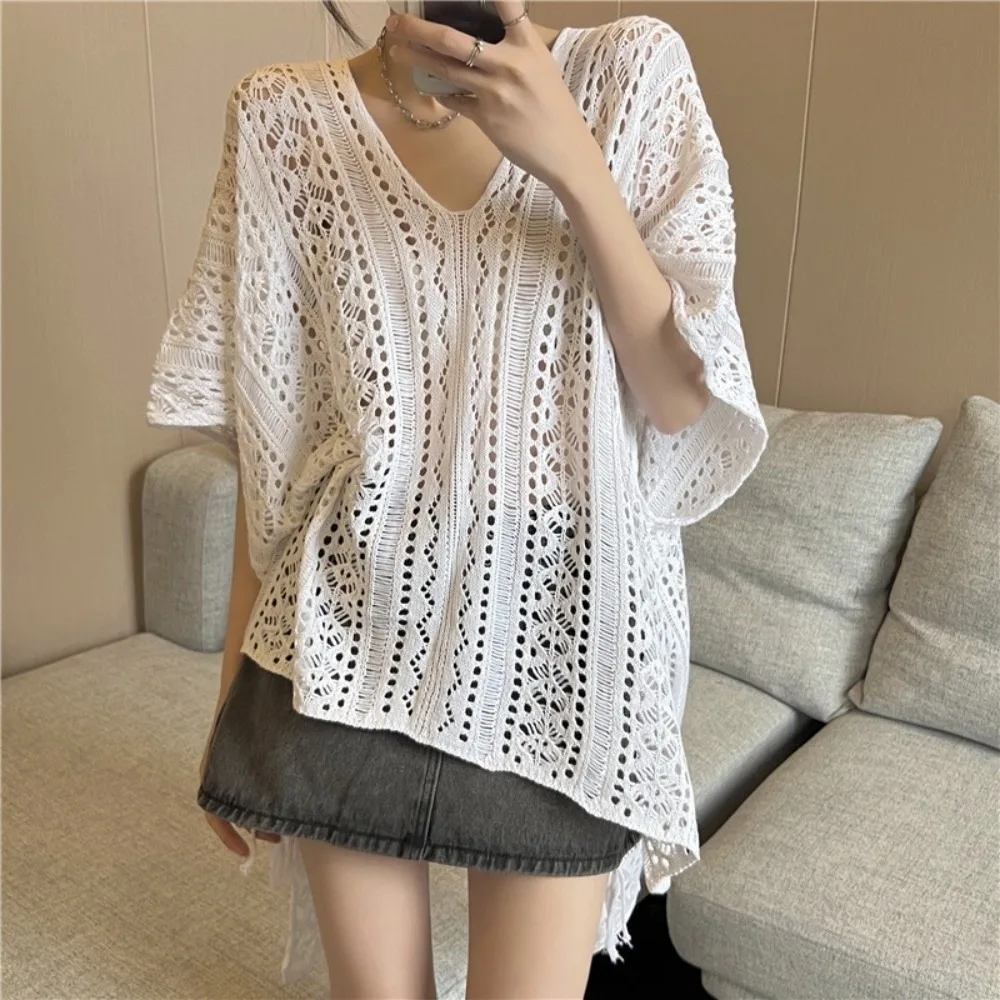 Costume da bagno oversize scollato copricostume maglione all'uncinetto scollo a V bikini lavorato a maglia copricostume ampio stile bohémien abbigliamento da spiaggia estivo