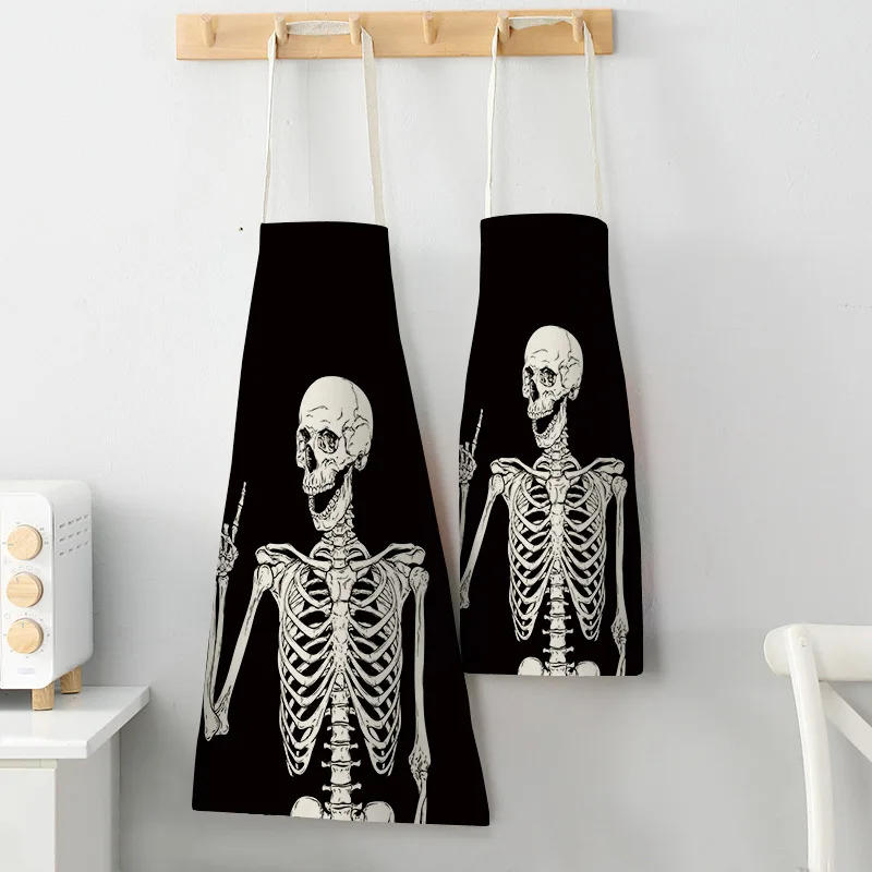 Black Background And White Skull Print Pattern Apron Sci-Fi Style Sleeveless Apron Fashion Party Apron Halloween Dress Up Apron