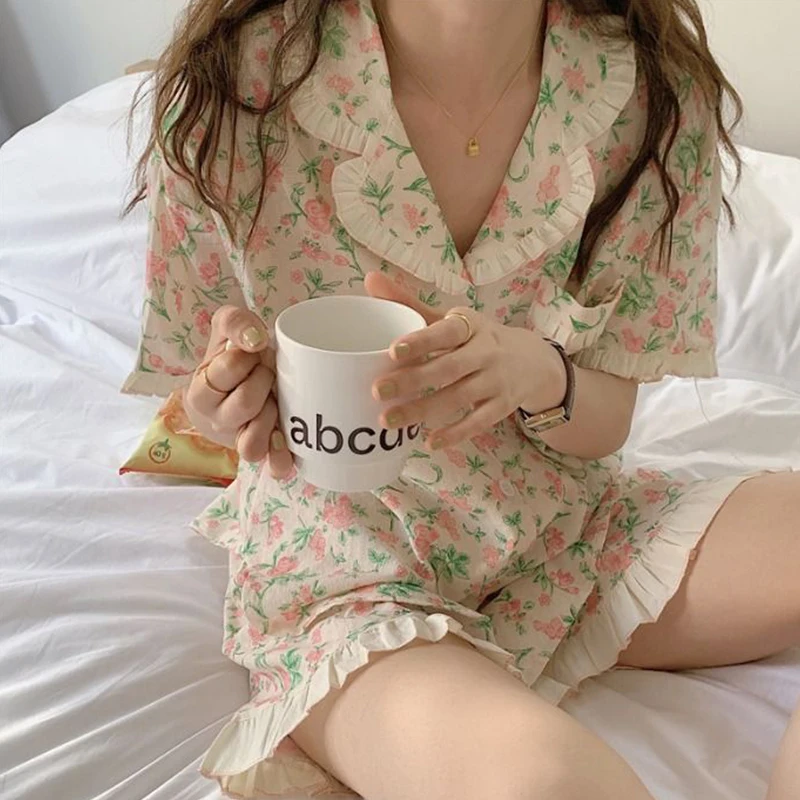 

Floral Women Pajamas Sleepwear Shorts Sets Summer Ruffled Pijama Loungewear Cute Home Suit Underwear Two Piece Set Night Wear