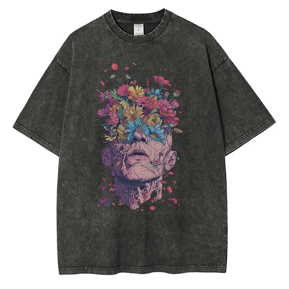 Heavyweight Pure Cotton T Shirts Flowers Emerging Out of Human Eyes and Heads Graphic T-shirts VintageStyle Mens Tops