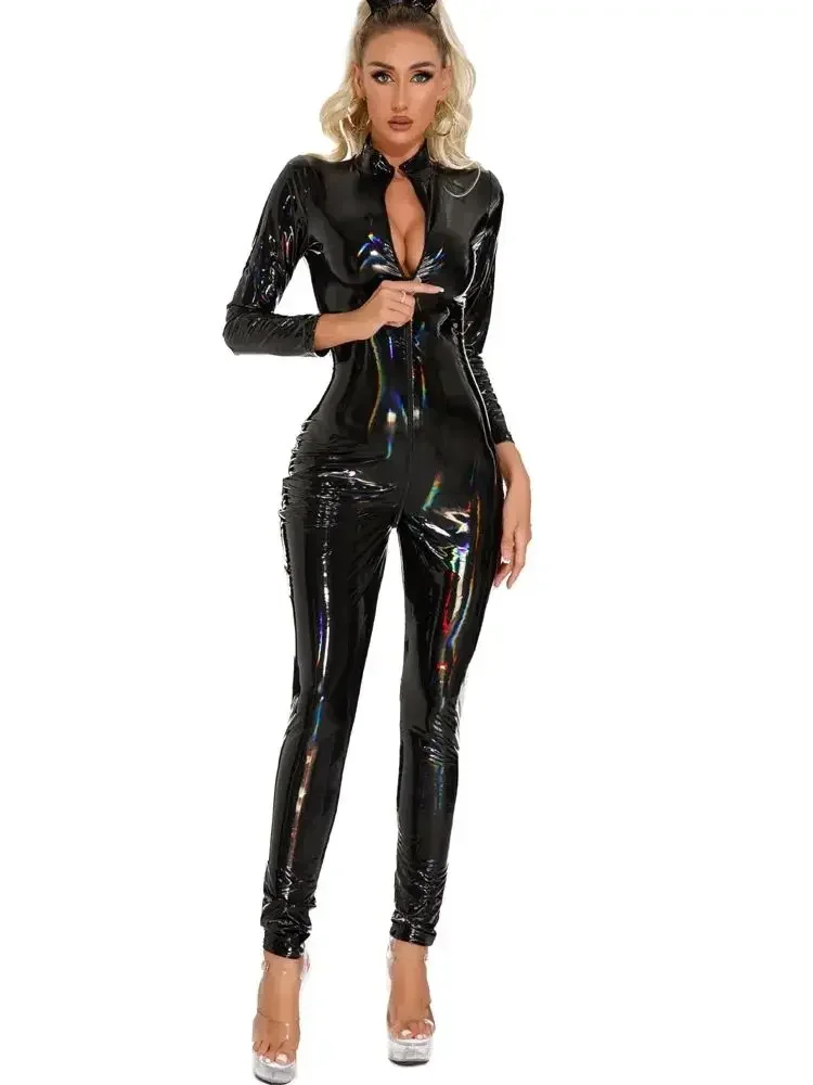 Laser Colorful Cosplay Wet Look PVC Catsuit Shiny PU Leather Zipper Open Crotch Bodysuit Tights Sexy Leotard Conjoined Unitard