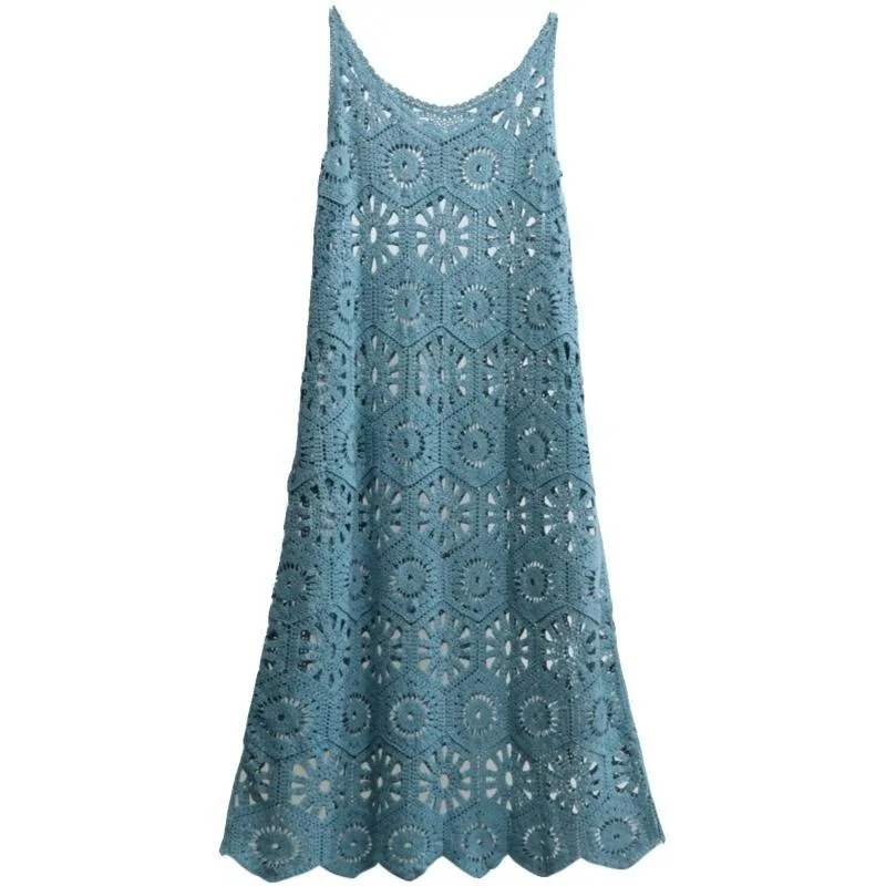 2025 nouvelle robe femmes tricot dentelle longue évider Sexy gilet col rond creux été Style hauts t-shirts ample basique bleu