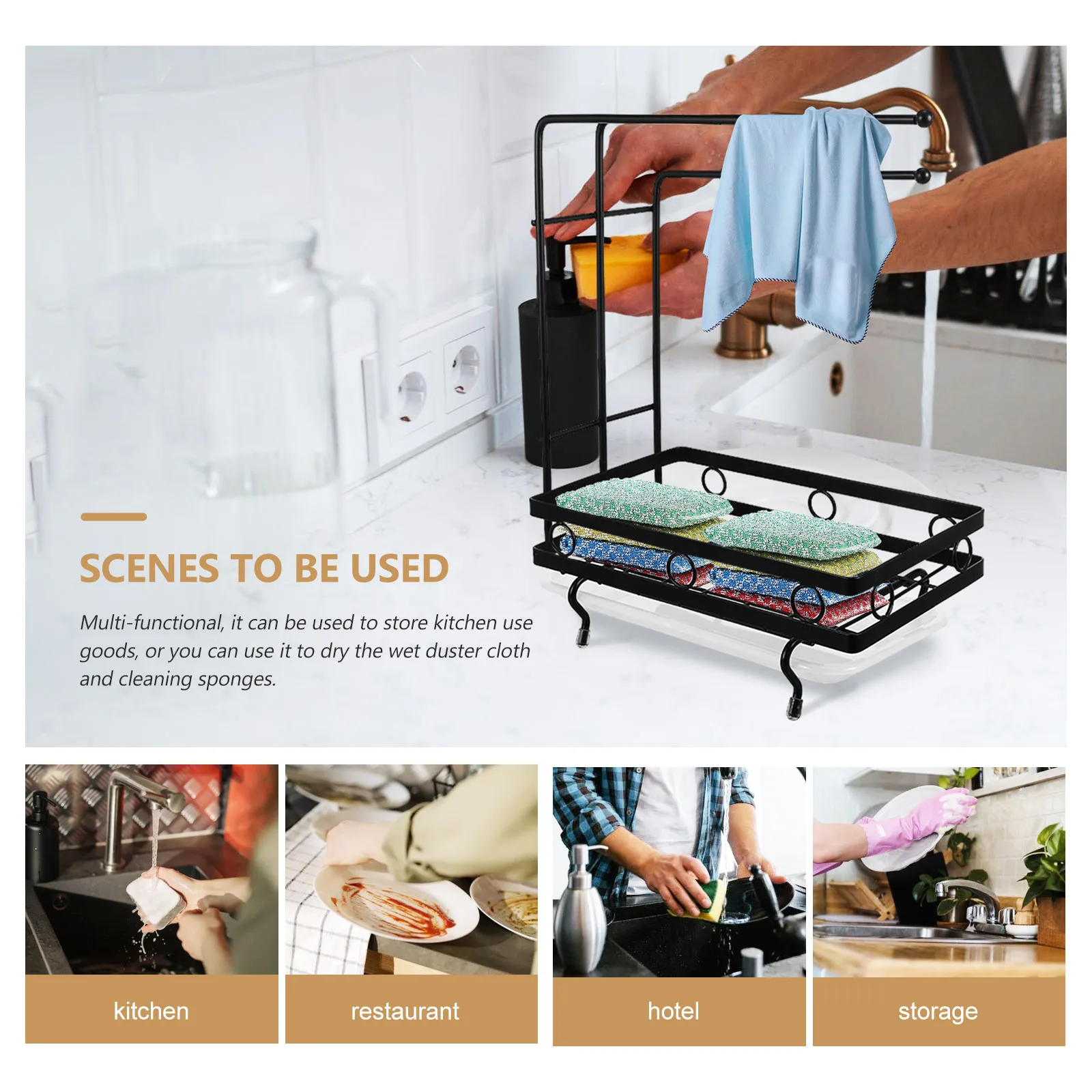

Premium Sponge Holder Detachable Sink Drain Rack Kitchen Utensil Organizer Duster Cloth Rack Metal Towel Draining Holder For