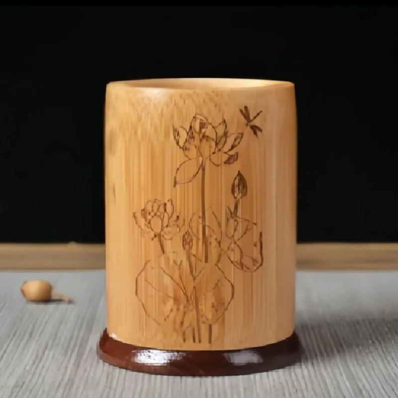 Desktop Storage Bamboo Pen Holder Ancient Style Large Capacity Brush Pen Holder Box Multifunctional Bamboo Calligraphy Penholder