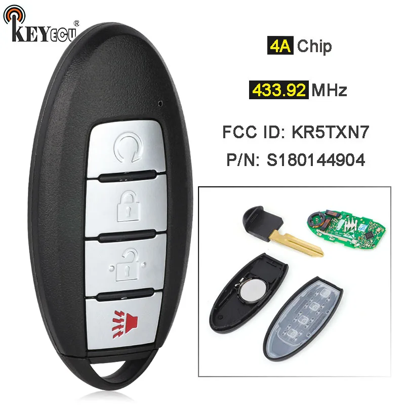 

KEYECU 434MHz 4A Chip S180144904 FCC ID: KR5TXN7 Keyless-go Smart Remote Key Fob 4 Button for Nissan Pathfinder Titan Murano