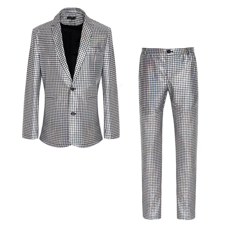 Mens stage prom suits gold silver rainbow plaid sequin jacket pants men dance festival Christmas Halloween party costume Homme