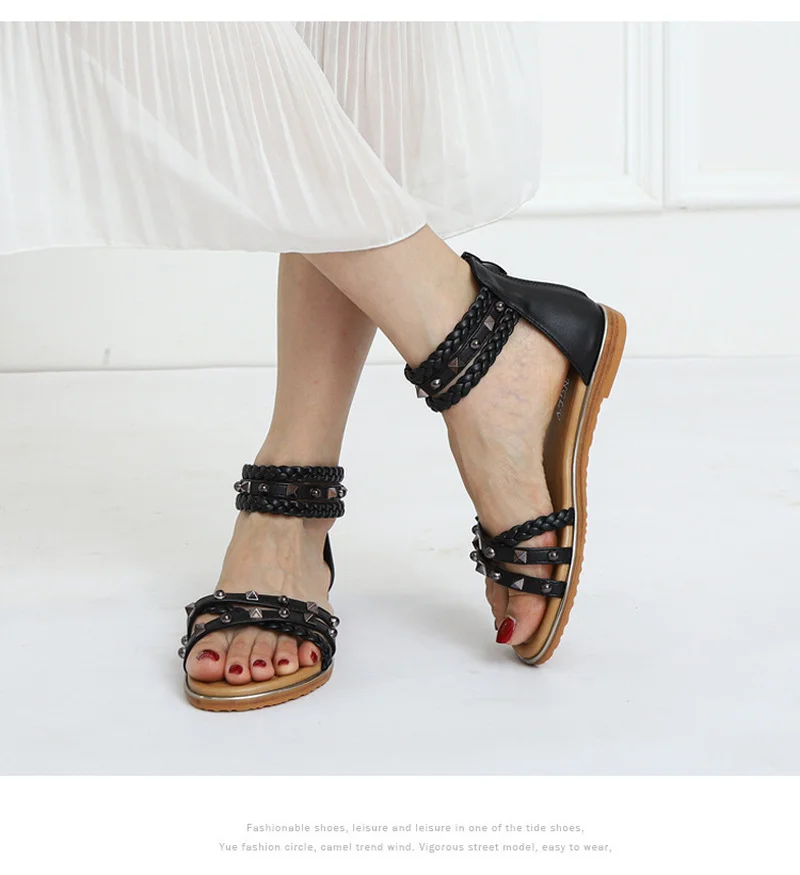 Summer Women Flats Shoes Bohemian Roman Style Flat Back Zipper Splicing Printing Skirt Female Sandals Holiday Beach Sandalias