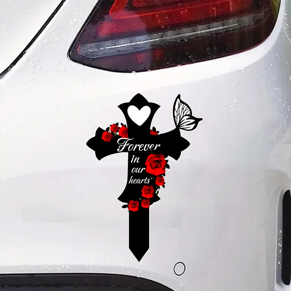 

9.5x14cm Dark Cross and Rose Stickers - Forever In Our Hearts, Suitable for Cars, Laptops, Home Decor - Ideal Gift