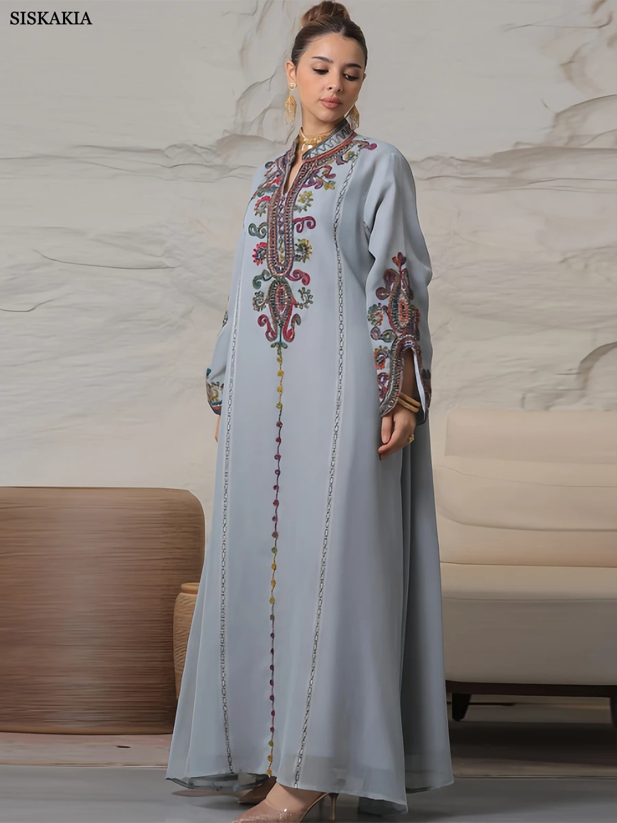 Siskakia Embroideried Luxurious Women\'s Evening Dress With Long Sleeves V-Neck Fashion Elegant Abayas With Belt Marocain Femme