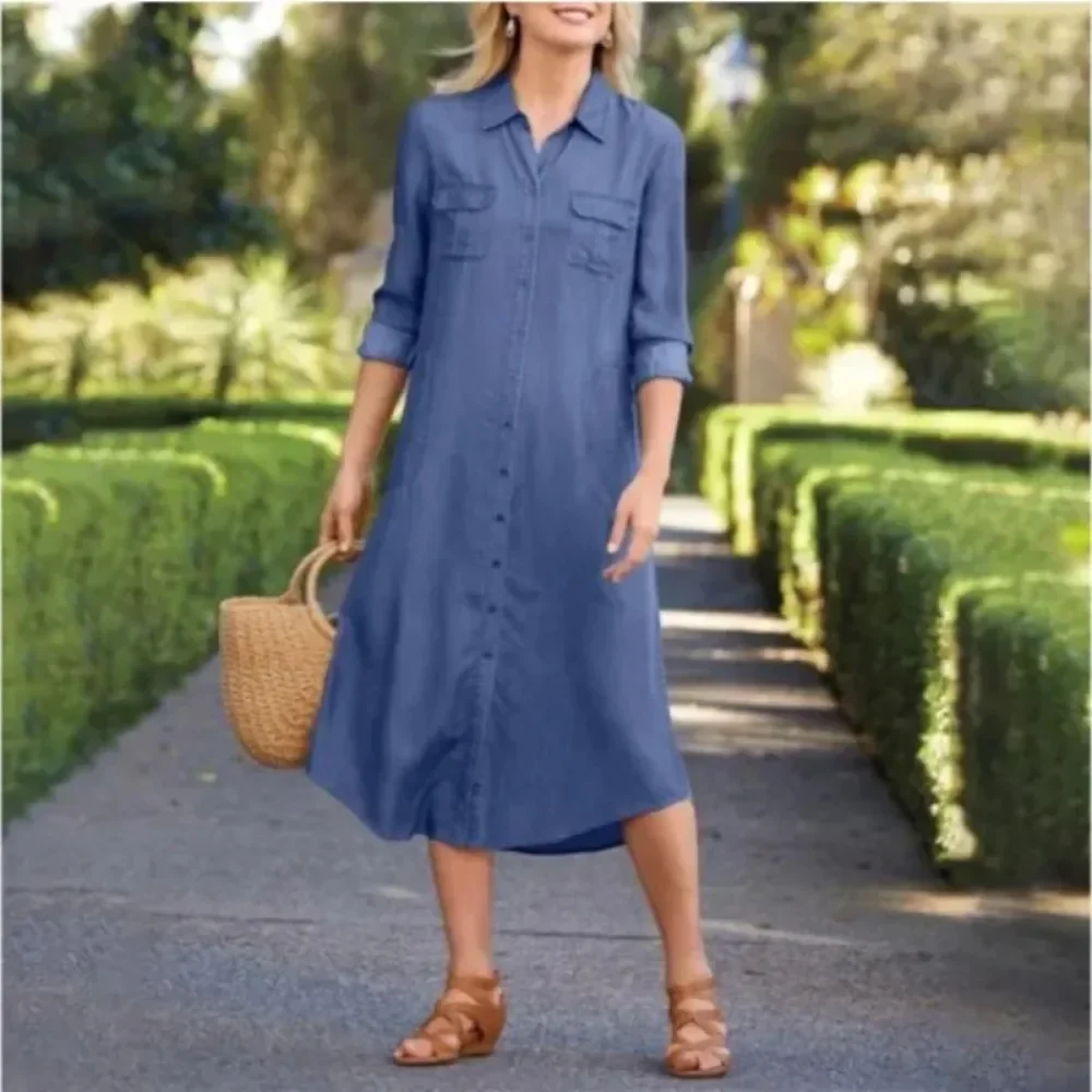 Letnia damska sukienka Plus Size Casual Denim Pocket Loose Long Dress Elegant Lapel Short Sleeved Solid Color Casual Long Dress