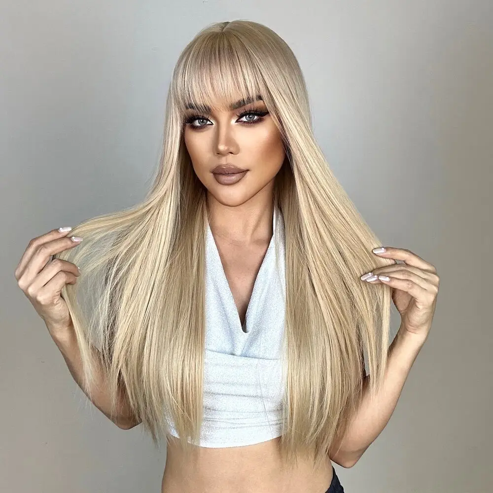 Soft Blended Blonde Synthetic Hair Natural Dress Up Wig With Bangs Long Straight